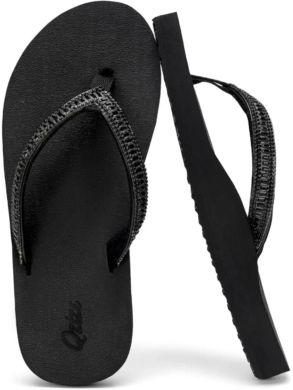 Women's Black Summer Comfortable Flip Flops with Rhinestone Beach Thong Sandals